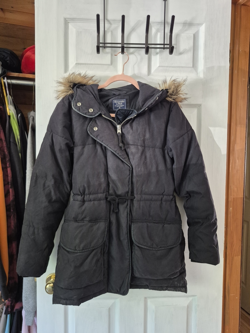 Women's Black Hooded Parka with Faux Fur Trim
